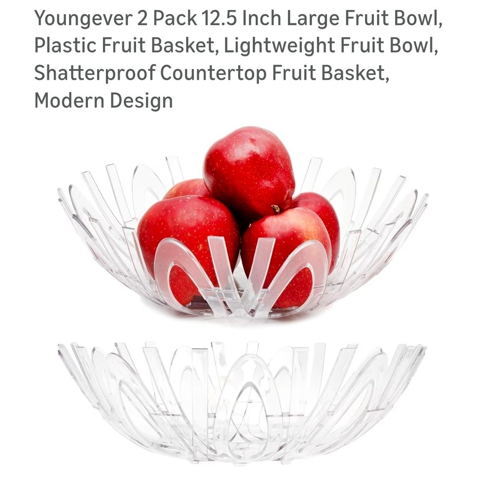 Youngever 2 Pack 12.5‎ Inch Clear Plastic Fruit Bowl Modern Shatterproof Basket